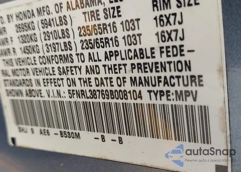 2009 Honda Odyssey Ex-L z USA, uszkodzony, nr VIN 5FNRL38769B008104